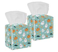 2 Pack Tissue Box Cover Holder, Cute Halloween Ghosts Candy Corns and Pumpkins Square Napkin Facial Tissues Holder Dispenser for Bedroom Bathroom Tabletop Office Car