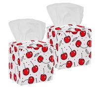 2 Pack Tissue Box Cover Holder, Cute Red Cherry Fruit Hand Drawn Seamless Pattern Square Facial Napkin Dispenser for Bedroom Bathroom Countertop Night Stands Table Office Car