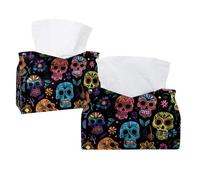 2 Pack Tissue Box Cover Holder, Day of the Dead Skulls Doodle Pattern Rectangular Napkin Facial Tissues Holder Dispenser for Bedroom Bathroom Office Home