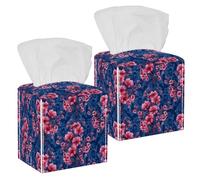 2 Pack Tissue Box Cover Holder, Little Pink Flowers in a Vintage Style on Blue Background Square Napkin Facial Tissues Holder Dispenser for Bedroom Bathroom Tabletop Office Car