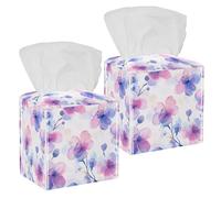 2 Pack Tissue Box Cover Holder, Pastel Colors Flowers Watercolor Seamless Pattern Square Facial Napkin Dispenser for Bedroom Bathroom Countertop Night Stands Table Office Car