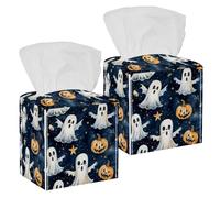 2 Pack Tissue Box Cover Holder, Seamless Halloween Ghosts Pumpkins Pattern Square Facial Napkin Dispenser for Bedroom Bathroom Countertop Night Stands Table Office Car