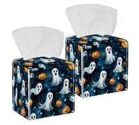 2 Pack Tissue Box Cover Holder, Watercolor Halloween Ghosts Pumpkins and Skulls Square Facial Napkin Dispenser for Bedroom Bathroom Countertop Night Stands Table Office Car