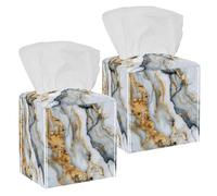 2 Pack Tissue Box Cover Holder, White and Gold Marble Texture Square Facial Napkin Dispenser for Bedroom Bathroom Countertop Night Stands Table Office Car