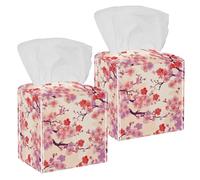 2 Pack Tissue Box Cover Pink Japanese Cherry Flowers Square Facial Tissue Holder Decorative Organizer Dispenser for Vanity Countertop, Bathroom, Kitchen