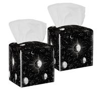 2 Pack Tissue Box Cover, PU Leather Square Tissue Box Holder with Bottom Belt for Bathroom Home Desk Car Office, 5’’X5’’X5'', Cosmic Space with Sun Moon Star Planet and Constellations