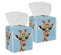 2 Pack Tissue Box Cover, PU Leather Square Tissue Box Holder with Bottom Belt for Bathroom Home Desk Car Office, 5’’X5’’X5'', Giraffe in Sunglasses Art Summer Animal