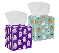 2 Pack Tissue Box Cover, PU Leather Square Tissue Box Holder with Bottom Belt for Bathroom Home Desk Car Office, 5’’X5’’X5'', Cute Halloween Ghosts Candy Corns and Pumpkins