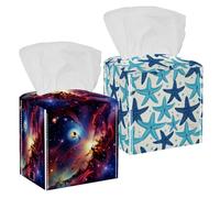 2 Pack Tissue Box Cover, PU Leather Square Tissue Box Holder with Bottom Belt for Bathroom Home Desk Car Office, 5’’X5’’X5'', Navy Blue and Turquoise Sea Stars Striped Background