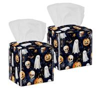 2 Pack Tissue Box Cover, PU Leather Square Tissue Box Holder with Bottom Belt for Bathroom Home Desk Car Office, 5’’X5’’X5'', Cute Halloween Ghosts Pumpkins Pattern
