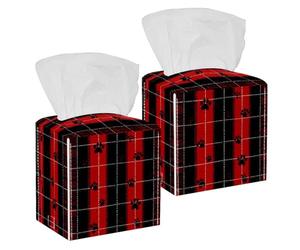 2 Pack Tissue Box Cover Square, Christmas Plaid Pattern with Paw Prints PU Leather Facial Tissue Cube Paper Organizer Dispenser for Bathroom Kitchen Desk Decor