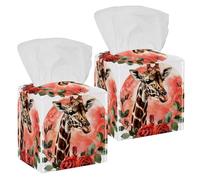 2 Pack Tissue Box Cover Square, Cute Cartoon Giraffe Red Rose PU Leather Facial Tissue Cube Paper Organizer Dispenser for Bathroom Kitchen Desk Decor