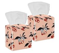 2 Pack Tissue Box Cover Square, Cute Cherry with Bow on Pastel Peach Background PU Leather Facial Tissue Cube Paper Organizer Dispenser for Bathroom Kitchen Desk Decor