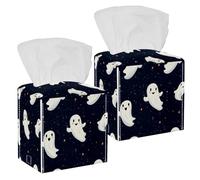 2 Pack Tissue Box Cover Square, Cute Halloween Ghosts Pattern PU Leather Facial Tissue Cube Paper Organizer Dispenser for Bathroom Kitchen Desk Decor