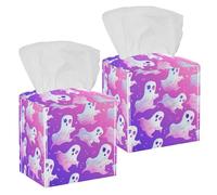 2 Pack Tissue Box Cover Square, Cute Halloween Spooky Ghosts on Pink Background PU Leather Facial Tissue Cube Paper Organizer Dispenser for Bathroom Kitchen Desk Decor