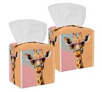 2 Pack Tissue Box Cover Square, Giraffe in Sunglasses Fuuny Summer Animal PU Leather Facial Tissue Cube Paper Organizer Dispenser for Bathroom Kitchen Desk Decor