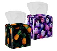 2 Pack Tissue Box Cover Square, Seamless Pattern with Cute Ghosts PU Leather Facial Tissue Cube Paper Organizer Dispenser for Bathroom Kitchen Desk Decor