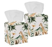 2 Pack Tissue Box Cover Square, Tropical Animals Giraffe Elephant Watercolor Pattern PU Leather Facial Tissue Cube Paper Organizer Dispenser for Bathroom Kitchen Desk Decor