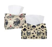 2 Pack Tissue Box Holder Cover, Skull Playing Card Vintage Pattern Rectangle Napkin Case Dispenser, Home Bathroom Office Car Facial Tissue Storage Organizer