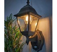 2 Pack Traditional 4-Sided Black Wall Lantern Security Lights With Pir Movement Sensor + 2 Free Led Bulbs