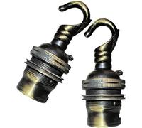 2 Pack Traditional Earthed Solid Brass Lampholder with Shade Retaining Ring and Metal Deco Styled Hook | Brushed Antique Finish - no lacquer | B22|B22D | Bayonet Cap