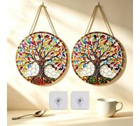 2 Pack Tree of Life Sun Catcher - Stained Glass Wall Art for Garden, Window, Home Decor - Acrylic Hanging Ornaments with No Damage Adhesive Stickers (20x20cm)