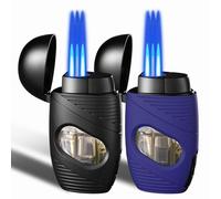 2 Pack Triple Jet Flame Lighter, Adjustable Windproof Flame and Gas Refillable, Portable Butane Torch Lighter for BBQ, Camping, Kitchen,Outdoor and Candles, (Without Butane)-Black+Blue