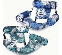 2 Pack Tropical Pool Lounger Chairs with 3 Buoyant Pillows - Inflatable Water Floats for Adults, Blue & Green Palm Leaf Design, 30x24x16 Inches - Comfortable Floating Seats for Pool, Beach, Lake