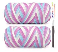 2 Pack Tshirt Yarn for Crocheting,Rainbow T Shirt Chunky Elastic Thick T-Shirt Crochet Yarn for Beginners Crocheting Hand Knitting Bag/Basket/Coasters/DIY Crafts/Home Decor 2 * 200G-Purple White Blue
