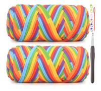 2 Pack Tshirt Yarn for Crocheting,Rainbow T Shirt Chunky Elastic Thick T-Shirt Crochet Yarn for Beginners Crocheting Hand Knitting Bag/Basket/Coasters/DIY Crafts/Home Decor 2 * 200G-Bright Rainbow