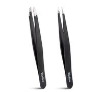 2-Pack Tweezers for Eyebrows, Facial Hair, Ingrown Hair Removal, Slant and Point Tip Tweezer Set for Women and Men, Professional Stainless Steel Precision Eyebrow Plucking Grooming with Case - Black