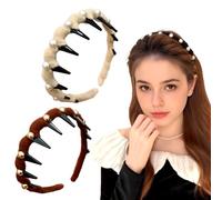 2 Pack U Shape Fashion Tooth Hair Comb Headband, Zig Zag High Cranium Headbands for Women, Reverse Hair Bands with Teeth for Women Girls (Brown & Beige, Pearl Hairband)