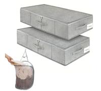 2 Pack Under bed storage box with lid & Laundry Basket,storage bags with zips & Bottom Support & 3 Handles, Foldable wardrobe clothes storage boxes, Grey