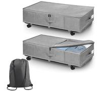 2 Pack Under Bed Storage Box with Lid, Wheels & Bag, 60L Foldable Clothes Boxes, Storage bags with zips, Rolling Underbed Storage for Shoes, Blankets & More