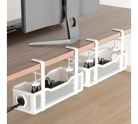 2 Pack Under Desk Cable Management Box White, Cinati Wire Organizers No Drill, Cord Organization Tray with Clamp for Office, Home - No Damage to Desk