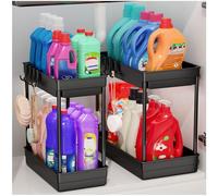 2 Pack Under Sink Storage - 2 Tier Kitchen Storage and Organisation Cupboard Organiser, Under Sink Shelf, Under Cabinet Organizer with Hooks, for Bathroom Kitchen Countertop, 2 Size 1L+1M