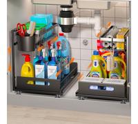 2 Pack Under Sink Storage, 2-Tier Pull Out Metal Undersink organiser With Hanging Cup, Sliding Shelf Adjustable Under Sink Rack for Kitchen Bathroom Cabinet Countertop Laundry