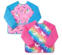 2 Pack Unicorn Kids Art Smocks - Pink Toddler Smock Kids Apron Children Rainbow Apron Girls Artist Painting Smocks Cooking Baking Gardening Waterproof Artist Aprons with Long Sleeve Pocket Age 3-8