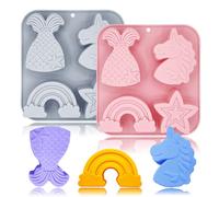 2 Pack Unicorn Molds Silicone 4 Cavity 3D Big Cartoon Themed Baking Mould Tray with Mermaid Rainbow Star for Baby Shower Birthday Party Chocolate Cake Mousse Pastry Soap Crayons Cupcake Topper
