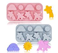 2 Pack Unicorn Molds Silicone 8 Cavity 3D Flying Unicorn Themed Baking Mould Tray with Cartoon Rainbow Meteors Sun for Kids' Party Chocolate Cake Topper Dessert Mousse Pastry Handmade Soap Crayons