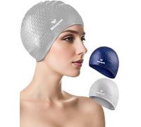 2 Pack Unisex Silicone Swim Cap for Women Men, Large Size Swimming Caps for Long Hair/Braids to Keep Hair Dry, Waterproof Bathing Caps for Swimming with Ear Plugs & Nose Clip Set(Gray&Navy)