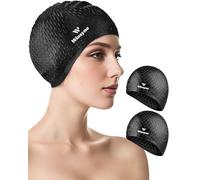2 Pack Unisex Silicone Swim Cap for Women Men, Large Size Swimming Caps for Long Hair/Braids to Keep Hair Dry, Waterproof Bathing Caps for Swimming with Ear Plugs & Nose Clip Set(Black&Black)