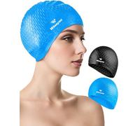 2 Pack Unisex Silicone Swim Cap for Women Men, Large Size Swimming Caps for Long Hair/Braids to Keep Hair Dry, Waterproof Bathing Caps for Swimming with Ear Plugs & Nose Clip Set(Black&Blue)