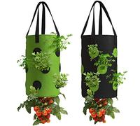 2 Pack Upside Down Hanging Tomato & Herb Planter, Strawberry Planter Bags | Durable Aeration Fabric Breathable Material, for Indoor Outdoor Plants, Black and Green