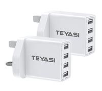 TEYASI 2 Pack USB Plug Adaptor UK, Multi Charger 4 Port 3 Pin Wall 25W/5V/2.4A Multiple Mains Power Adapter Fast Charging for iPhone 13 12 11 10 XS Max XR X 8 7 6 SE Samsung