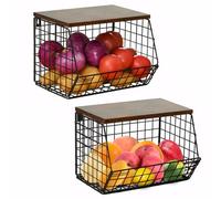 2 Pack Vegetable Rack,Wall Mounted Fruit Basket for Kitchen,Countertop,Vegetable Rack for Kitchen,Hanging Veg Baskets, Black Wire Basket,Stackable Fruit And Veg Storage for Onion,potato,Bread (2)