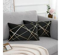 2 Pack Velvet Cushion Cover 30 x 50 CM Black Decorative Throw Pillow Covers Gold Lines Square Geometry Cushion Case Soft Home for Living Room Bedroom Spring Summer 12 x 20 Inch