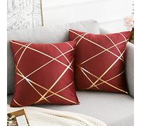 2 Pack Velvet Cushion Cover 45 x 45 CM Claret Decorative Throw Pillow Covers Gold Lines Square Geometry Cushion Case Soft Home for Living Room Bedroom Spring Summer 18 x 18 Inch