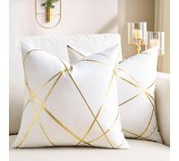 2 Pack Velvet Cushion Covers 18 x 18 Inch Gilded Throw Pillow Covers Decorative Velvet Sofa Cushions Gold Lines geometry Pattern White Square Decorative Soft Home for Sofa Living Room