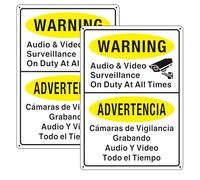 (2 Pack) Video Surveillance Signs, Camera On Duty At All Times Bilingual Sign, English Spanish Surveillance By Video Cameras Metal Sign - Weatherproof and Easy to Install (Yellow 10 x 7 inches)